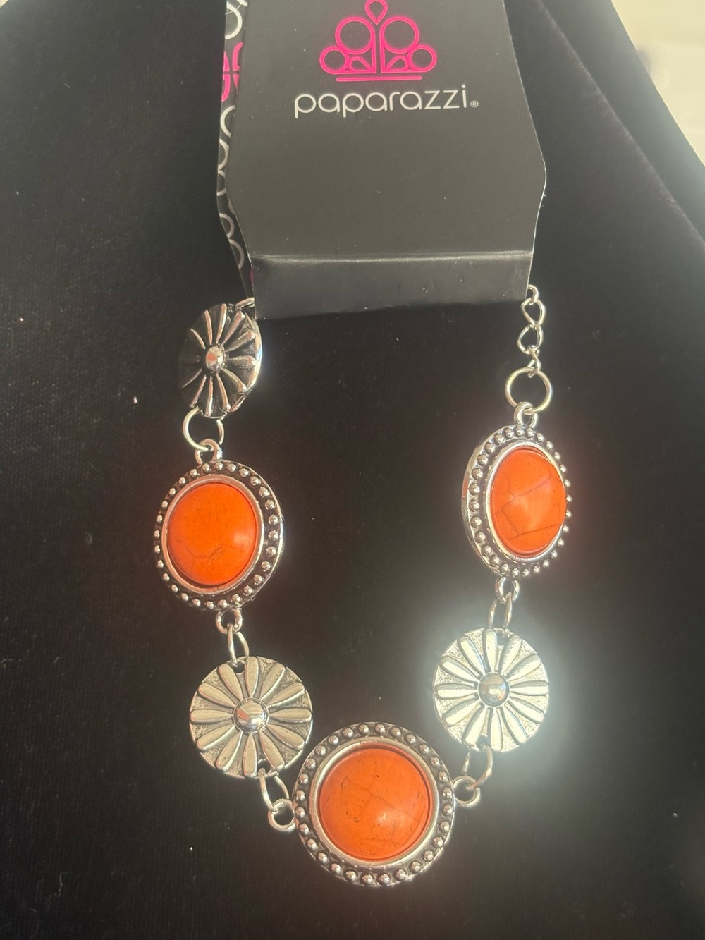 paparazzi Silver Floral Link Necklace with Orange Stones